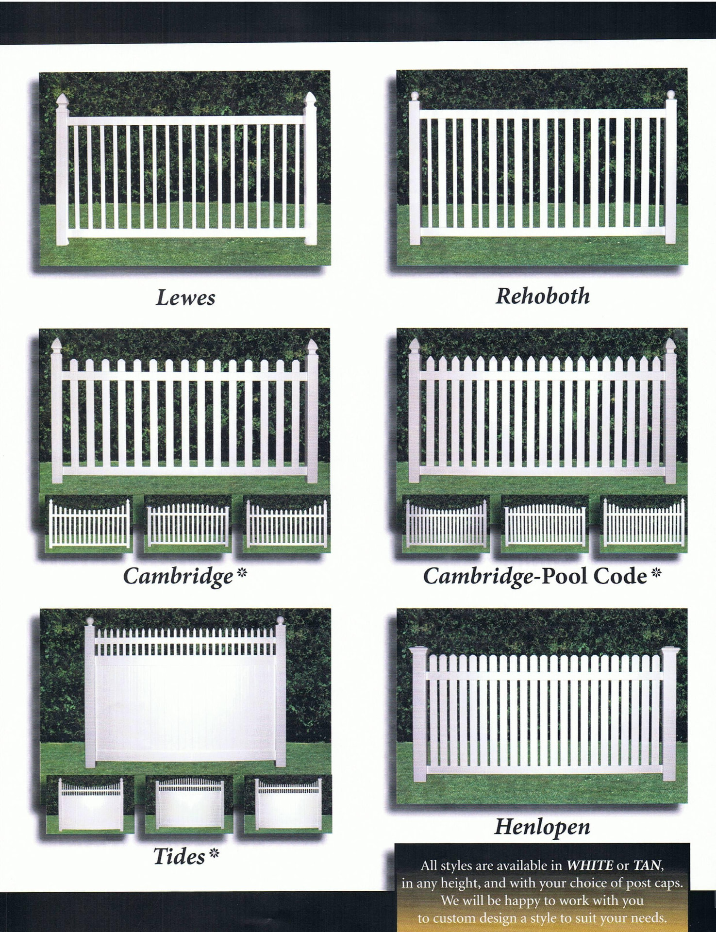 Vinyl fence style chart showing picket, pool code, and privacy styles — page 1 of 2