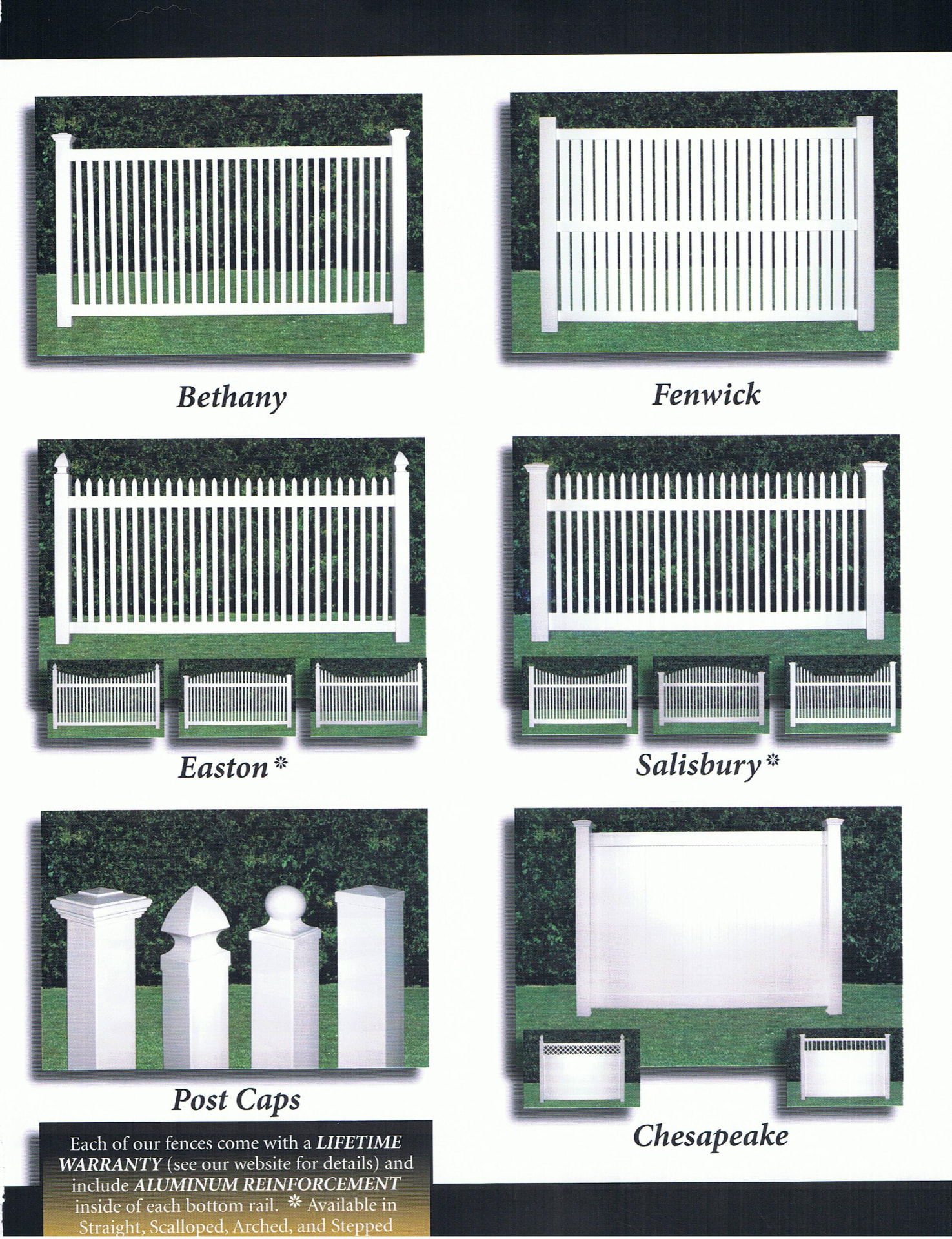 Vinyl fence style chart showing post cap options and additional picket and privacy styles — page 2 of 2